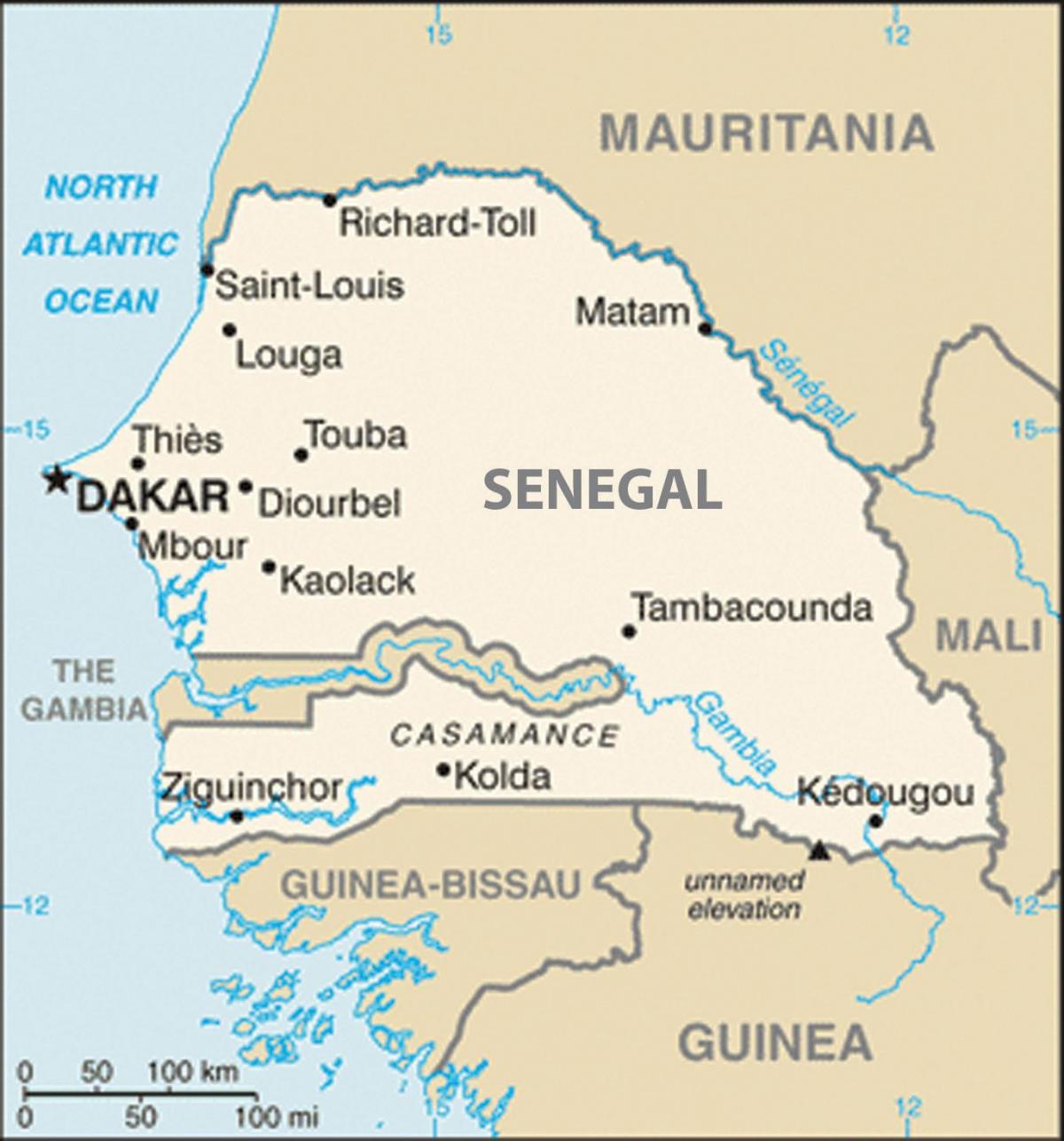 kort af Senegal og nærliggjandi löndum