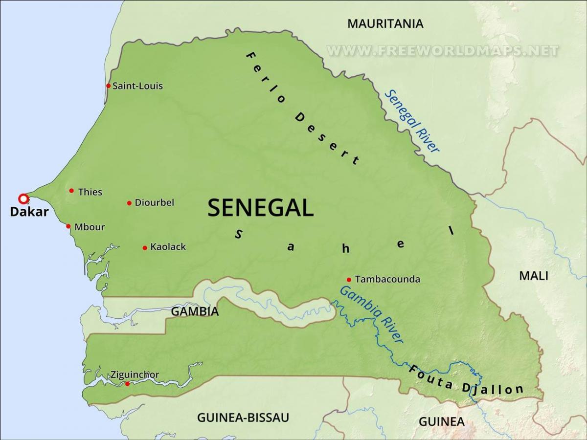 kort af líkamlega kort af Senegal